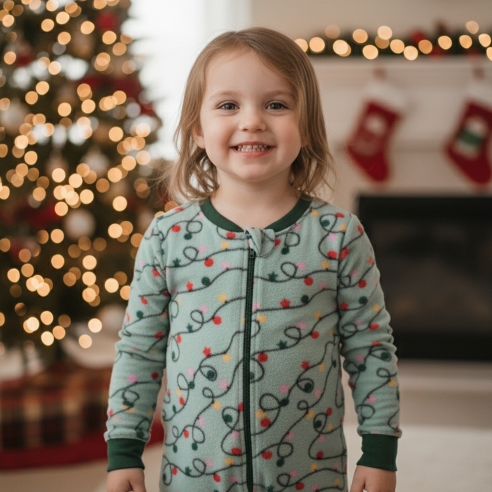 Cozy Green Kids Pajamas with Festive Lights